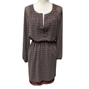 Max Studio Geometric Print Long Sleeve Chiffon Dress Burgundy & Gray Size Medium